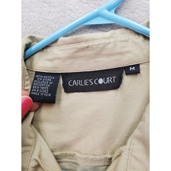 Carlie’s Court Shirt Women Medium Tan Embroidered Floral Slit Collar Button Down - Picture 7 of 8